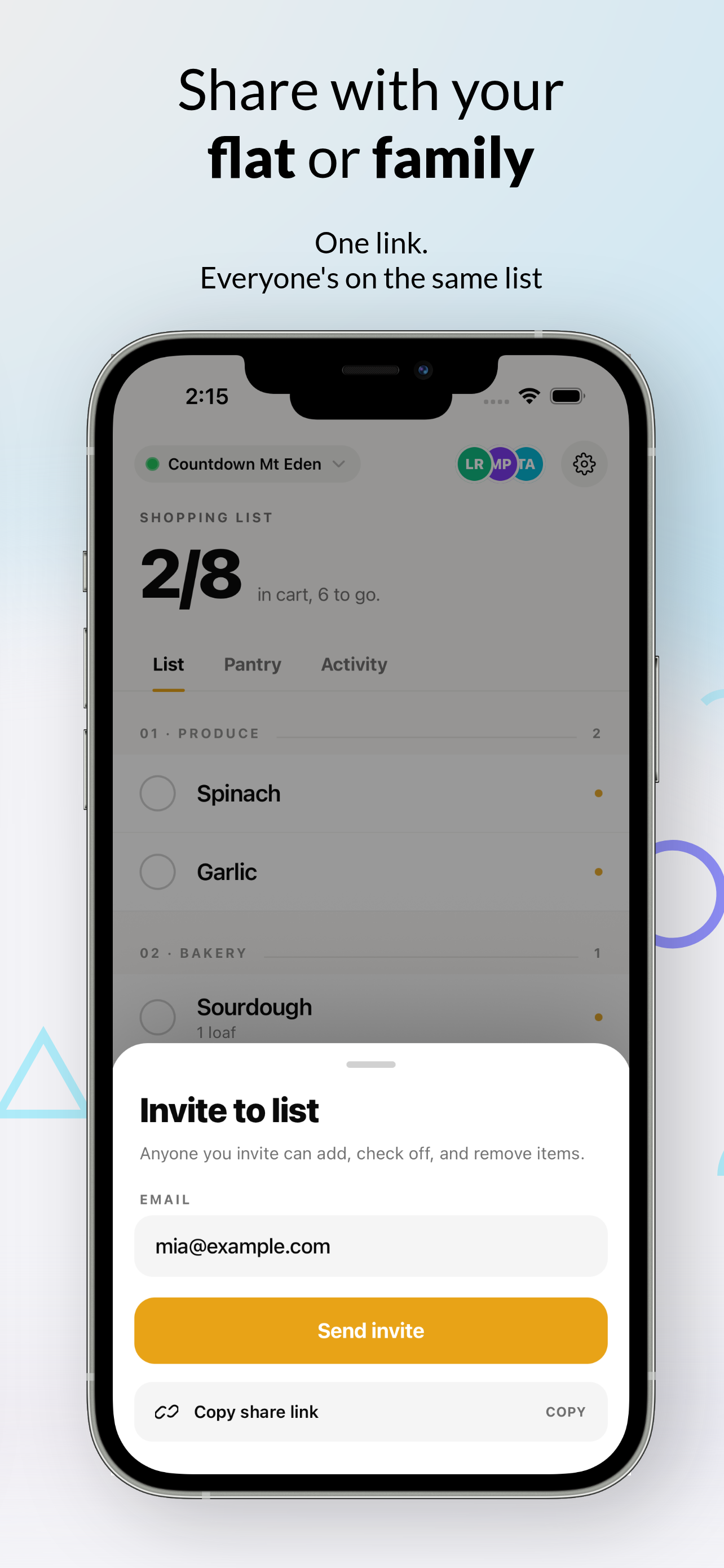 Invite-to-list sheet, sharing the same list with your flatmates or family